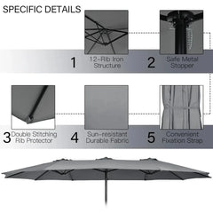 10Piece Patio Rattan Dining Set w/15Ft Double-Sided Umbrella, Outdoor Heavy Duty Acacia Wood Table & Stackable Wicker Chairs Set