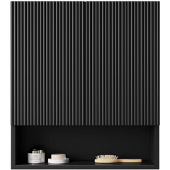 26" Wall-Mounted Fluted Side Cabinet for Bathroom Storage, Black Storage Compartment with 2 Doors and Shelves