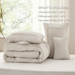 Bedsure King Comforter Set - 4 Pieces Grid Pleat Bed Set, Beige Boho Bedding for All Season, 1 Soft Comforter, 2 Pillowcases, 1