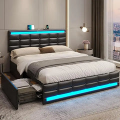Queen Bed Frame with Drawers, LED Bed Frame with Charging Station, Pu Leather Platform Bed Frame Queen Size with Storage
