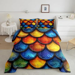Mermaid Comforter Set Twin,Teal Glitter Fish Scales Duvet Insert for Kids Teens Adult,Geometry Wild Animal Bedding Set,Fish Hu