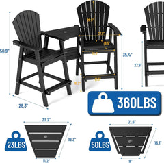 Tall Adirondack Chairs Set of 2,Recycled Poly Balcony Chair with Double Connecting Tray Patio Stools Weather Resistant