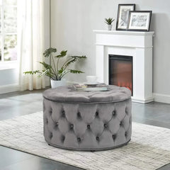 28" Round Velvet Storage Ottoman, Tufted Footrest Stool & Coffee Table for Living Room (Grey)