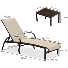 Outdoor Chaise Lounge Chair Set of 3 Patio Pool Lounger Aluminum Chairs with Side Table Adjustable Tanning Recliner