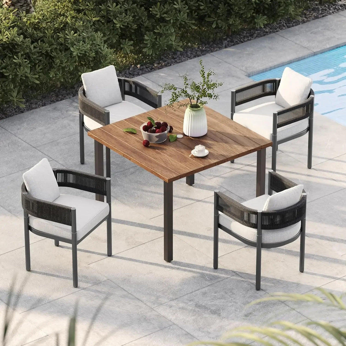 patio 7-Piece Outdoor Dining Set for 6, Fixed Patio Chairs with Thickened Cushions & 1 Rectangular Woodgrain Dining Table