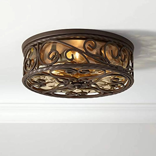 Casa Seville Rustic Flush-Mount Outdoor Ceiling Light Fixture Dark Walnut Scroll Twist 15 Water Glass Damp Rated Exterior Hous