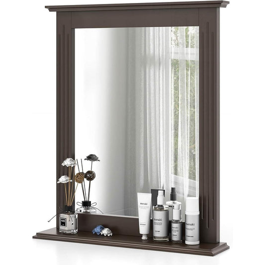 27-in x 22.5-in Bathroom Wall Mirror with Shelf in Dark Brown Wood
