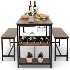 Modern Industrial 3-Piece Metal Wood Dining Set with 2 Benches and