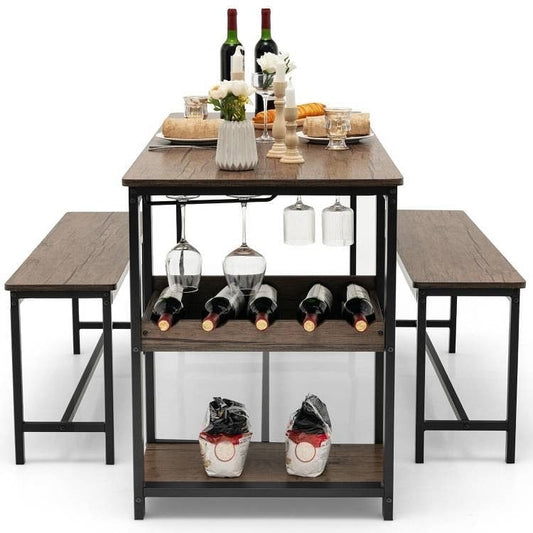Modern Industrial 3-Piece Metal Wood Dining Set with 2 Benches and