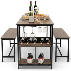 Modern Industrial 3-Piece Metal Wood Dining Set with 2 Benches and