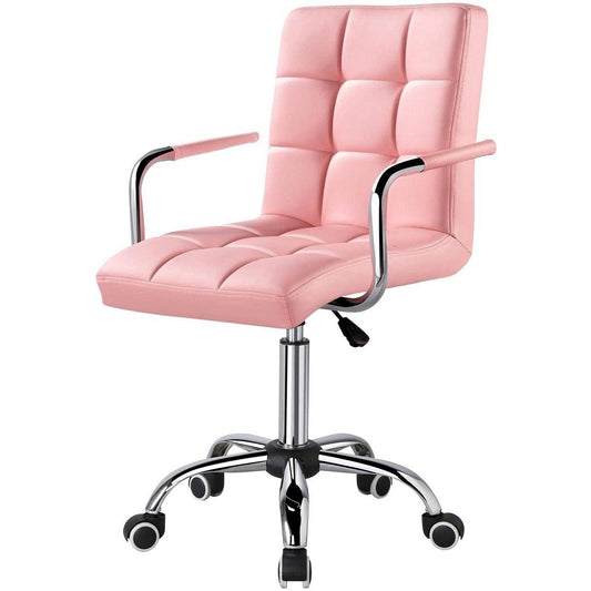 Pink Modern Faux Leather Mid-Back Swivel Office Chair with Armrests