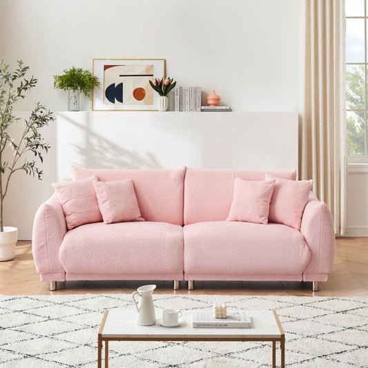 86.6 inch teddy fleece pink sofa with four throw pillows and hardware