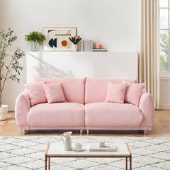 86.6 inch teddy fleece pink sofa with four throw pillows and hardware