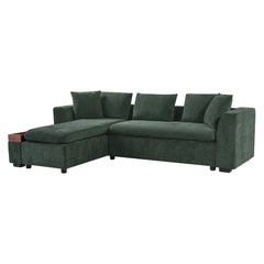 Elegant Chenille L-Shaped Sofa with Wooden Storage Compartment, Green,