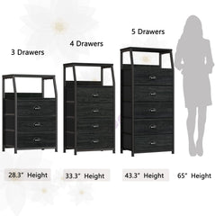 Black Night Stand, Small Dresser for Bedroom, Nightstand with 3 Fabric
