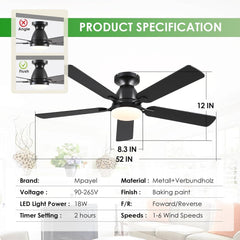 Ceiling Fans with Lights- 52" Low Profile Indoor Ceiling Fan with