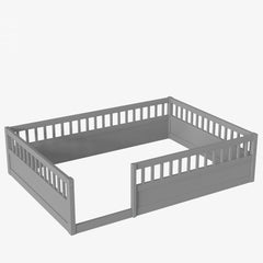 Full Floor Bed Frame with Fence, Wood Kids Floor Beds Frame for