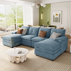 U-Shaped Chenille Sectional Sofa with Adjustable Armrest Pillows -