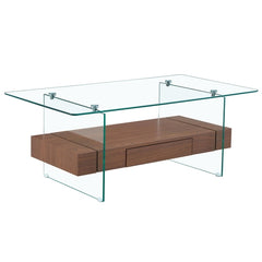 Modern Two-Tier Coffee Table with Drawer - Clear Tempered Glass &