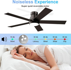 52" Ceiling Fan with Lights, Black Flush Mount Ceiling Fans, 5 Blades
