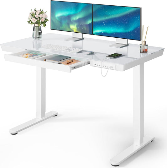 Glass Standing Desk with Drawer, 48 X 24 Inch Electric Standing Desk,
