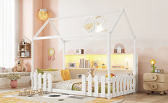 Twin Size House Bed with LED Light, Wood House Bed with Storage