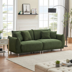 86.6 inch teddy fleece green sofa with four throw pillows and hardware