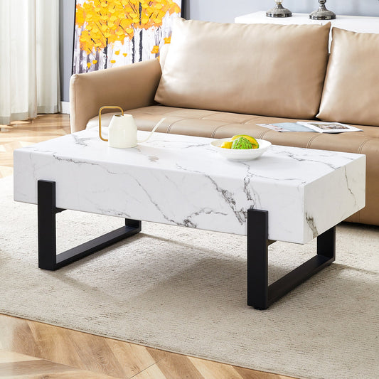 Minimalist MDF Marble-Patterned Coffee Table with Black Metal Legs,