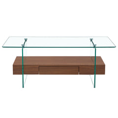 Modern Two-Tier Coffee Table with Drawer - Clear Tempered Glass &