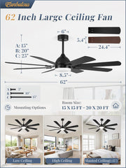 62 Inch Ceiling Fans with Lights, Black Modern Ceiling Fan with
