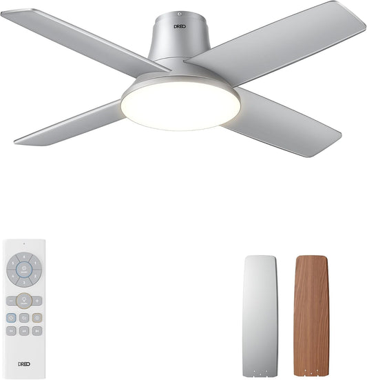 Ceiling Fans with Lights, 44'' Low Profile Silver Ceiling Fan with