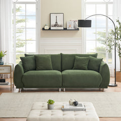 86.6 inch teddy fleece green sofa with four throw pillows and hardware