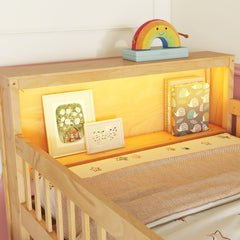 Twin Size Loft Bed with LED and Bookshelf, Wood Low Loft Bed with