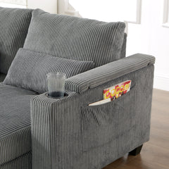 Convertible Chaise Lounge Sofa Chair Corduroy Sleeper with USB Ports,