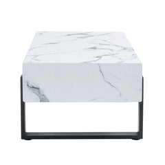Minimalist MDF Marble-Patterned Coffee Table with Black Metal Legs,