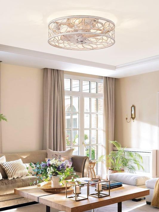 Caged Ceiling Fans with Lights, White Flush Mount Ceiling Fan with