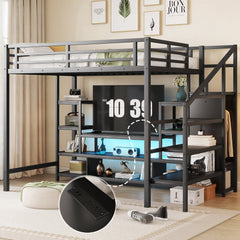 Full Size Metal Loft Bed with TV Stand, Metal Loft Bed with Staircase