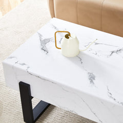 Minimalist MDF Marble-Patterned Coffee Table with Black Metal Legs,