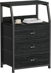 Black Night Stand, Small Dresser for Bedroom, Nightstand with 3 Fabric
