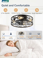 Caged Ceiling Fans with Lights, Black Flush Mount Ceiling Fan with
