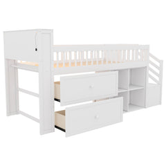 Twin Size Loft Bed with LED and Bookshelf, Wood Low Loft Bed with