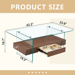 Modern Two-Tier Coffee Table with Drawer - Clear Tempered Glass &