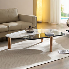 Faux Marble Coffee Tables Accent Tea Tables with Gold Metal Foot for