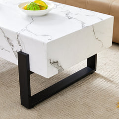 Minimalist MDF Marble-Patterned Coffee Table with Black Metal Legs,