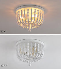White Boho Beaded Chandeliers Flush Mount Ceiling Light,3-Lights Small