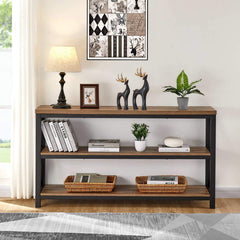 Rustic Wood Console Table with 3 Shelves