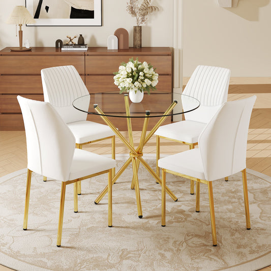 4-Piece Dining Set with 36.6'' Round Tempered Glass Table & White-Gold