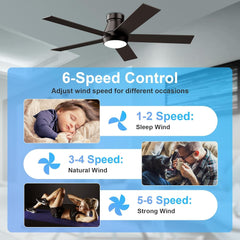 52" Ceiling Fan with Lights, Black Flush Mount Ceiling Fans, 5 Blades