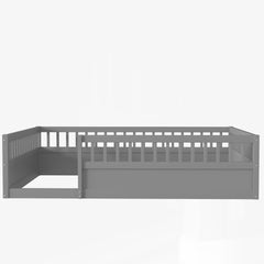 Full Floor Bed Frame with Fence, Wood Kids Floor Beds Frame for
