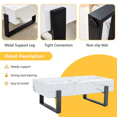 Minimalist MDF Marble-Patterned Coffee Table with Black Metal Legs,